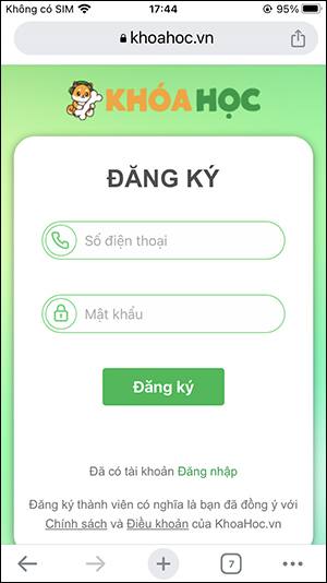 Thông tin kích hoạt học thử KhoaHoc.vn trên điện thoại